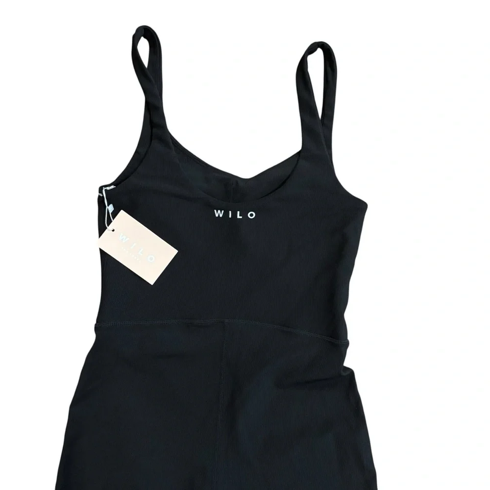WILO THE LABEL V-Neck Flare Unitard Ribbed Black Jumpsuit Activewear Size XS NWT